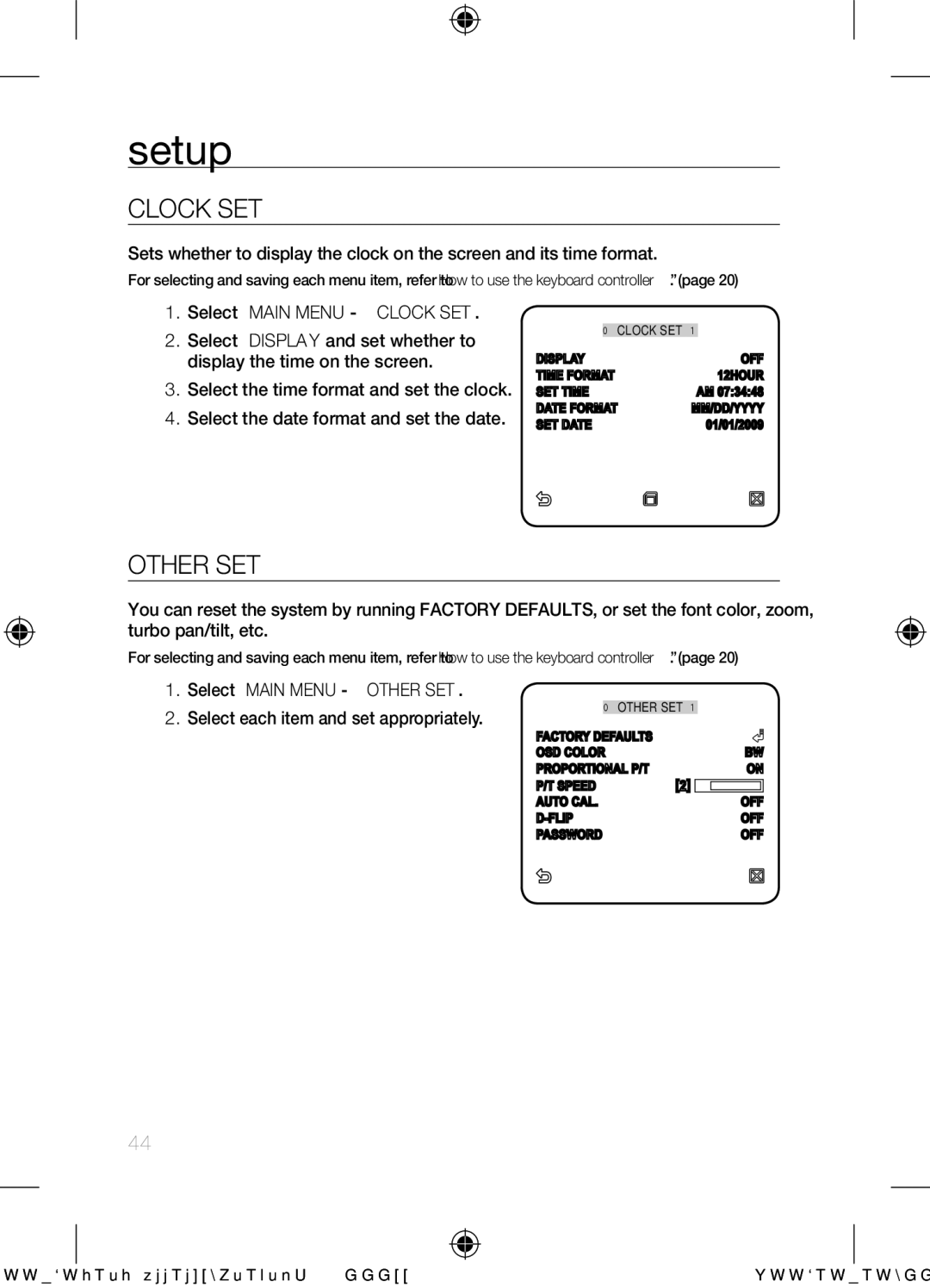 Samsung SCC-C6453N user manual Clock SET, Other SET 