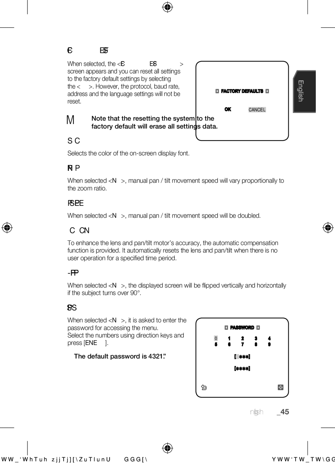 Samsung SCC-C6453N Factory Defaults, OSD Color, Proportional P/T, Speed, Auto CAL. Auto Calibration, Flip Digital Flip 