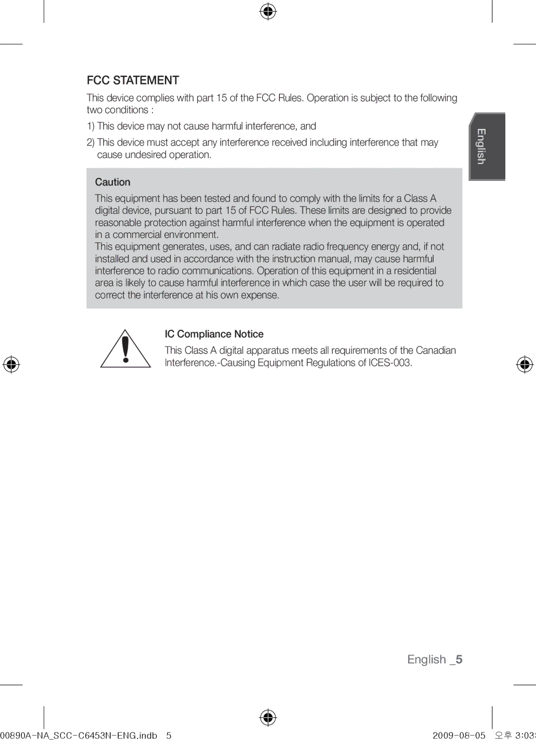 Samsung SCC-C6453N user manual FCC Statement 