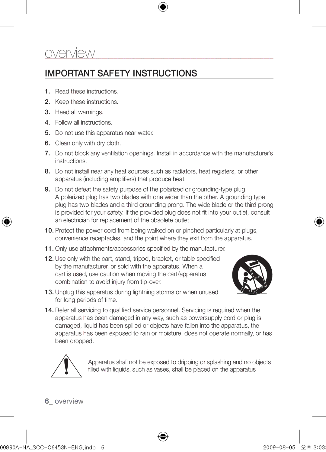 Samsung SCC-C6453N user manual Important safety instructions 