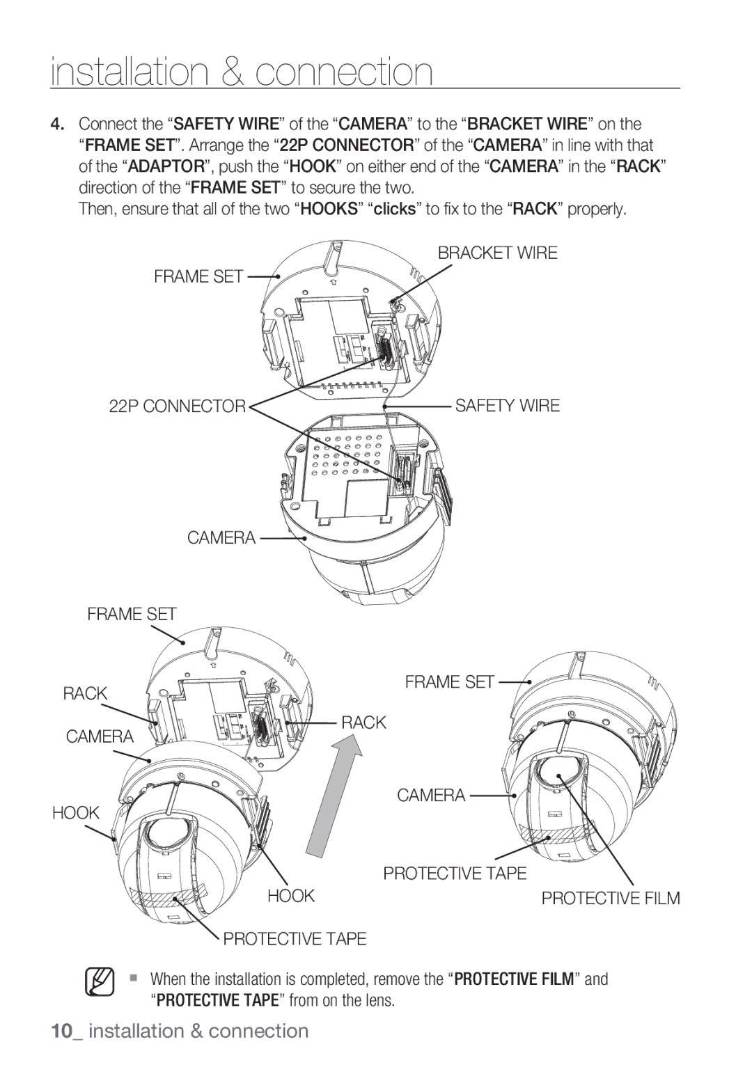 Samsung SCC-C6453P manual Bracket Wire Frame SET 22P Connector, Camera Frame SET Rack Hook Protective Tape 