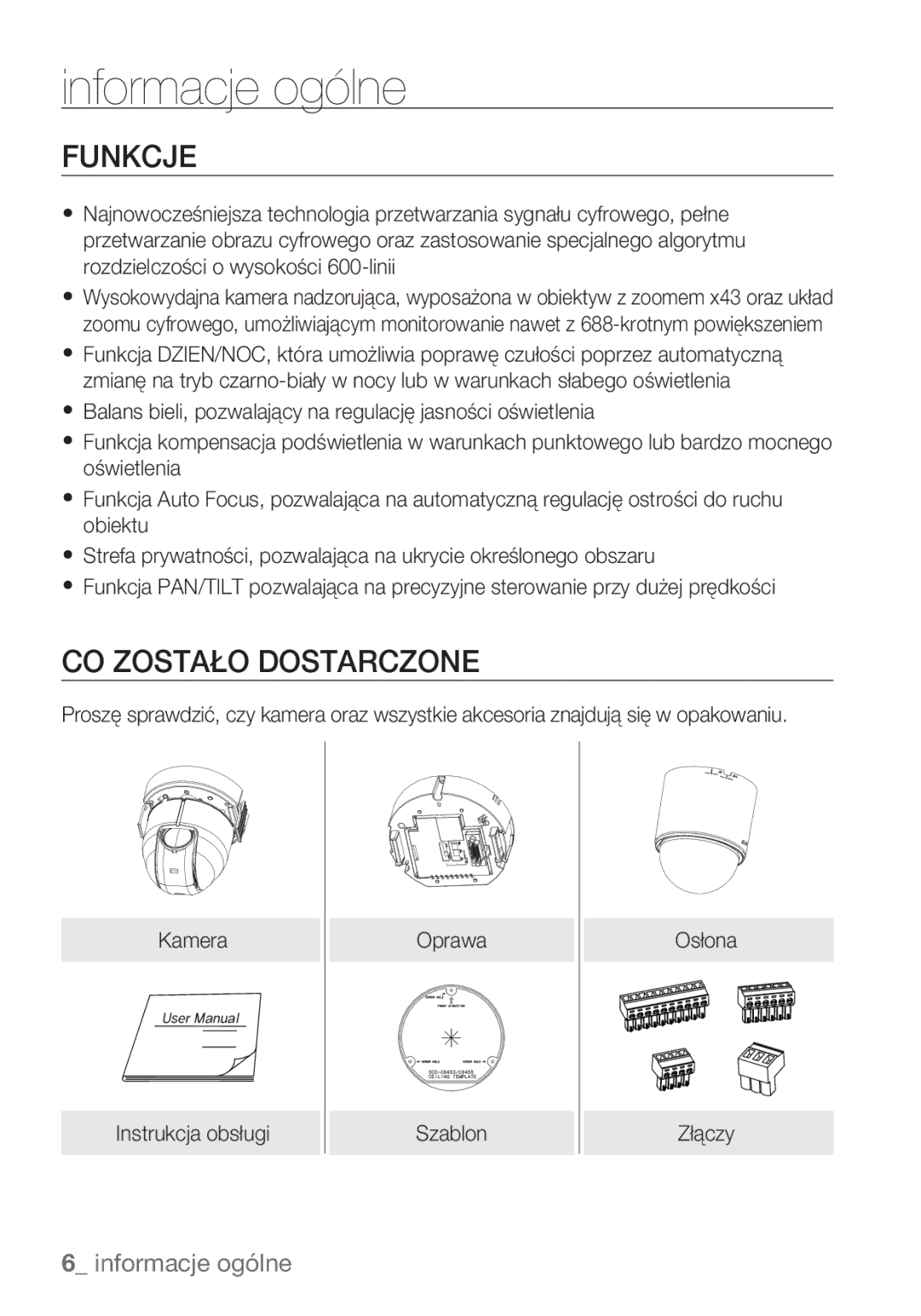 Samsung SCC-C6453P manual Funkcje, CO Zostało Dostarczone 