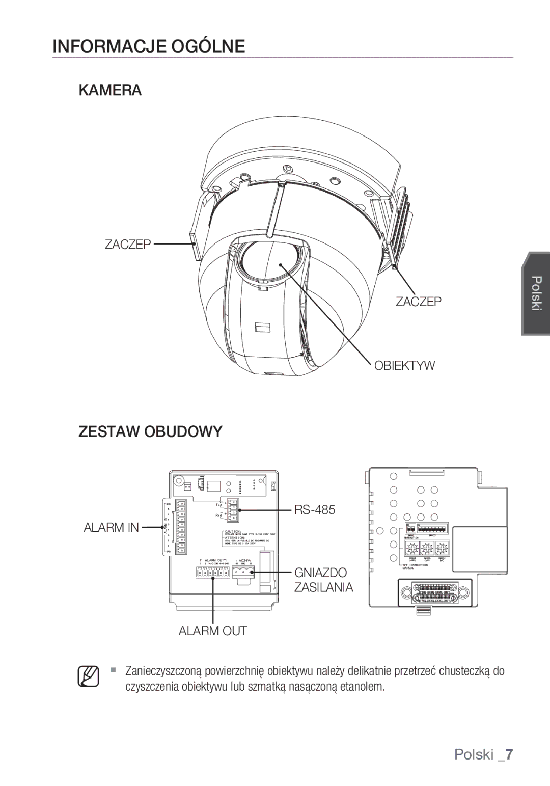 Samsung SCC-C6453P manual Informacje Ogólne, Kamera, Zestaw Obudowy, Zaczep Obiektyw, Alarm Gniazdo Zasilania Alarm OUT 