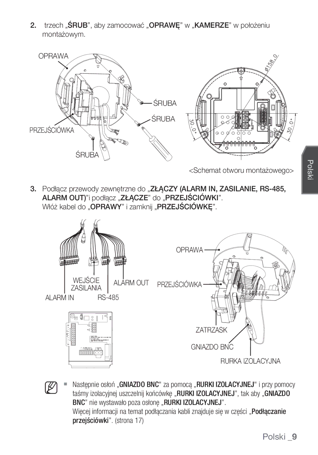 Samsung SCC-C6453P manual Oprawa Śruba Przejściówka, Zatrzask Gniazdo BNC Rurka Izolacyjna 