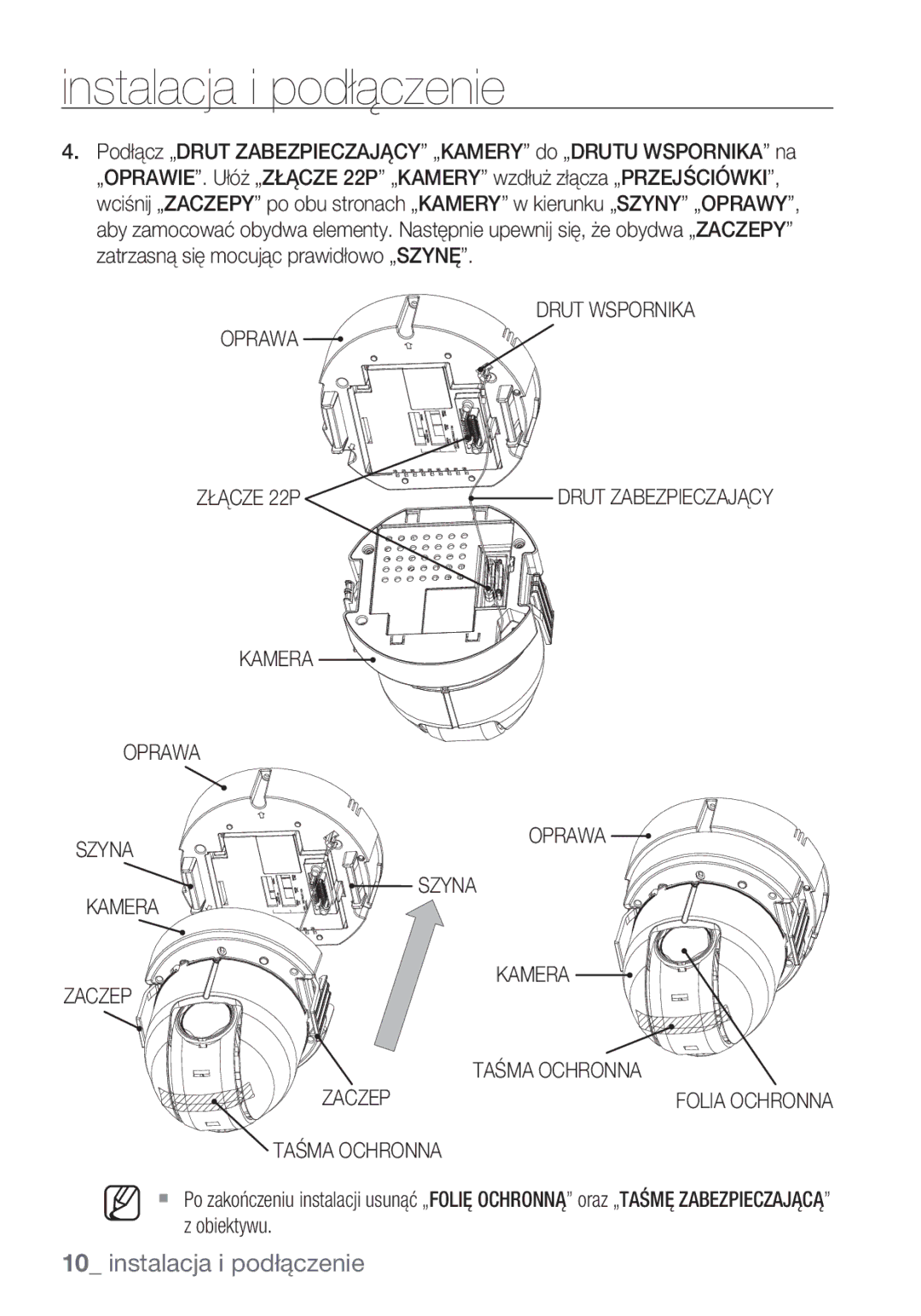 Samsung SCC-C6453P manual Drut Wspornika Oprawa Złącze 22P, Kamera Oprawa Szyna Zaczep Taśma Ochronna 