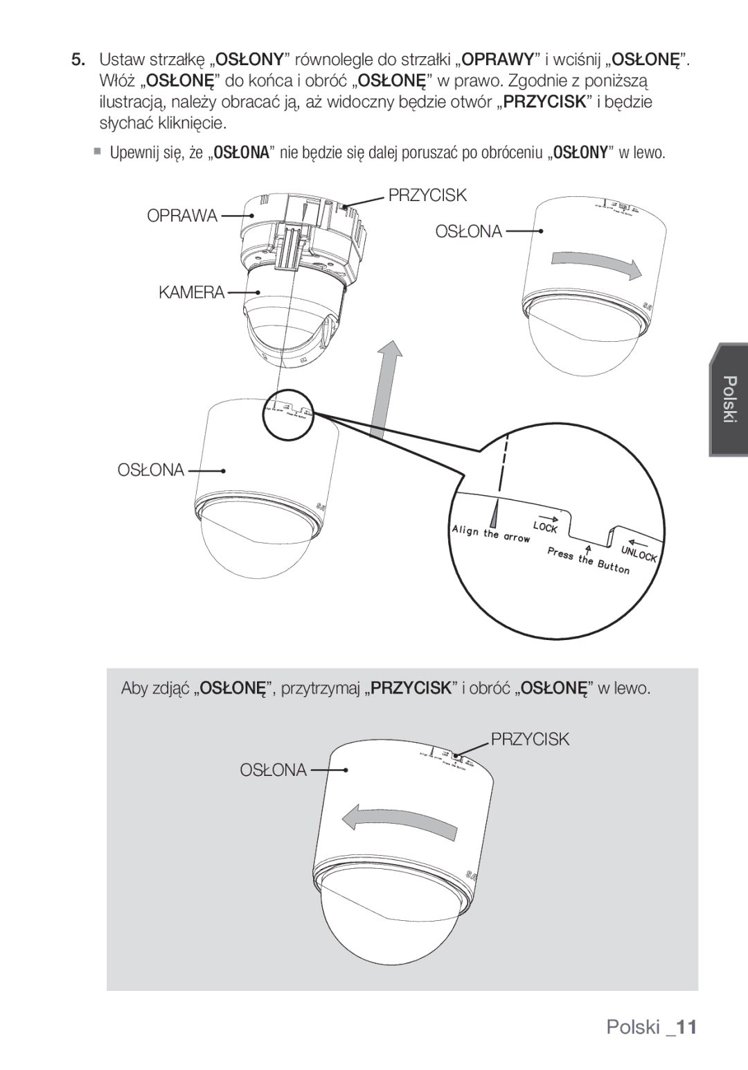 Samsung SCC-C6453P manual Przycisk Oprawa Osłona Kamera, Przycisk Osłona 