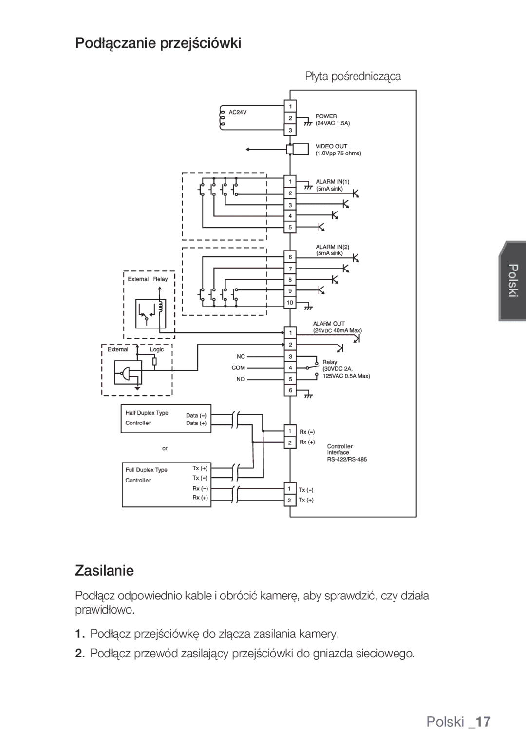 Samsung SCC-C6453P manual Podłączanie przejściówki, Zasilanie, Płyta pośrednicząca 