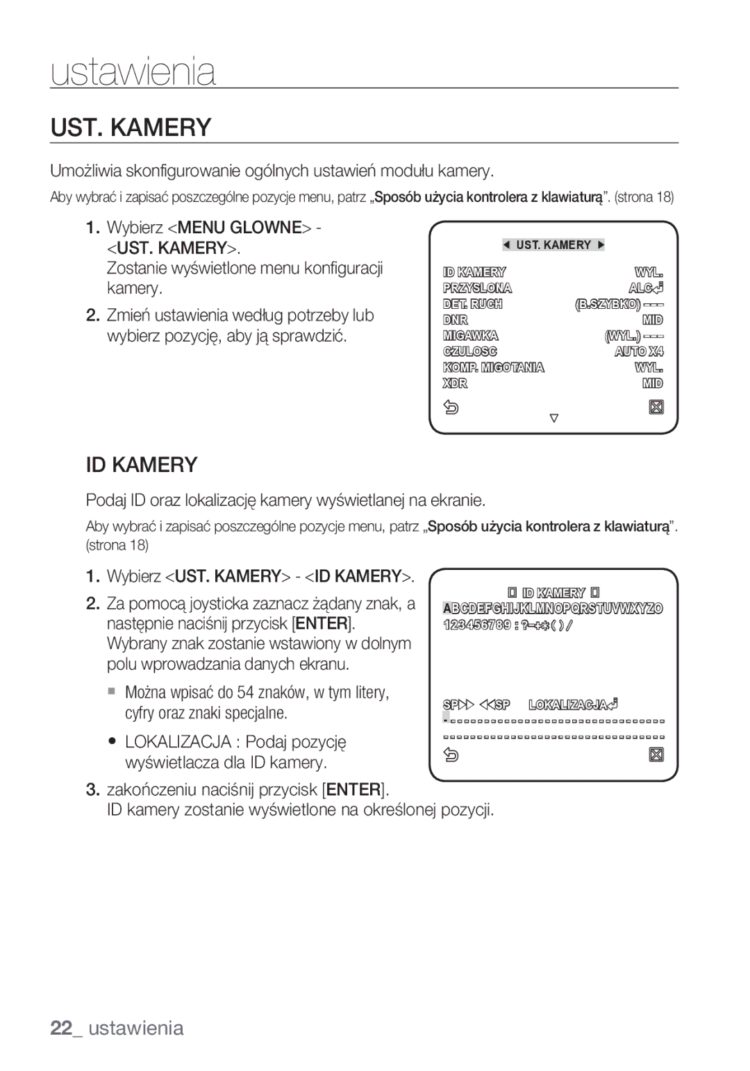 Samsung SCC-C6453P manual UST. Kamery, ID Kamery, Umożliwia skonfigurowanie ogólnych ustawień modułu kamery 