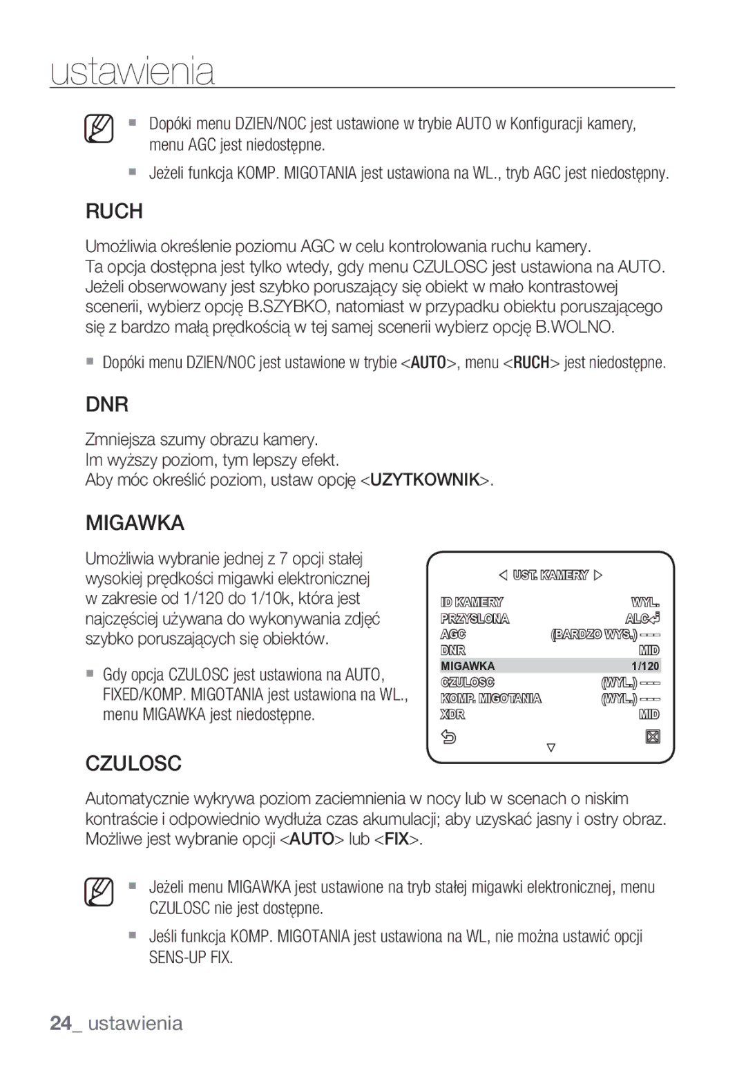 Samsung SCC-C6453P manual Ruch, Migawka, Czulosc, Sens-Up Fix 