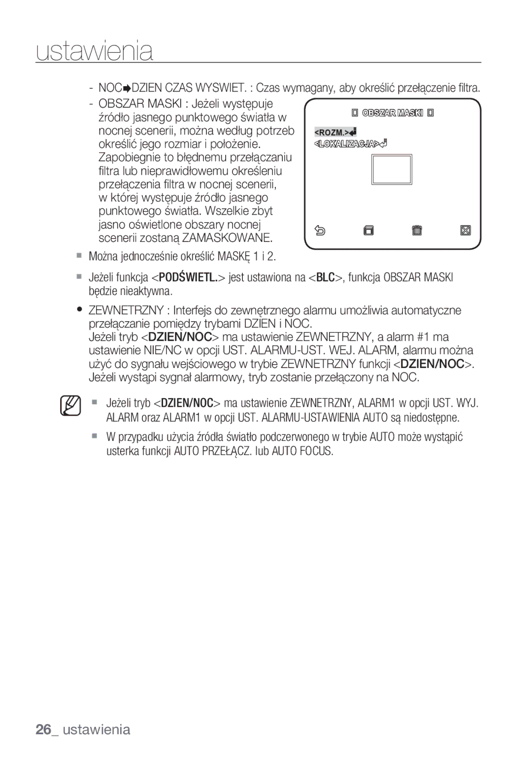 Samsung SCC-C6453P Obszar Maski Jeżeli występuje, Źródło jasnego punktowego światła w, Określić jego rozmiar i położenie 