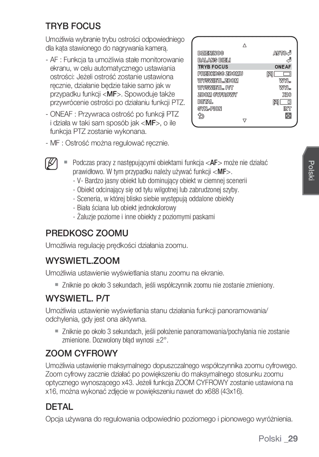 Samsung SCC-C6453P manual Predkosc Zoomu, Wyswietl.Zoom, Wyswietl. P/T, Zoom Cyfrowy, Detal 