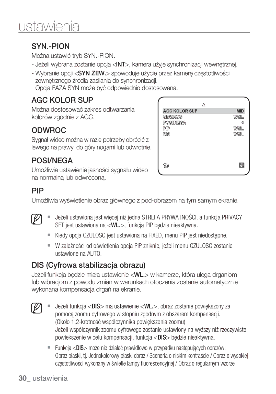 Samsung SCC-C6453P manual Syn.-Pion, AGC Kolor SUP, Odwroc, DIS Cyfrowa stabilizacja obrazu 