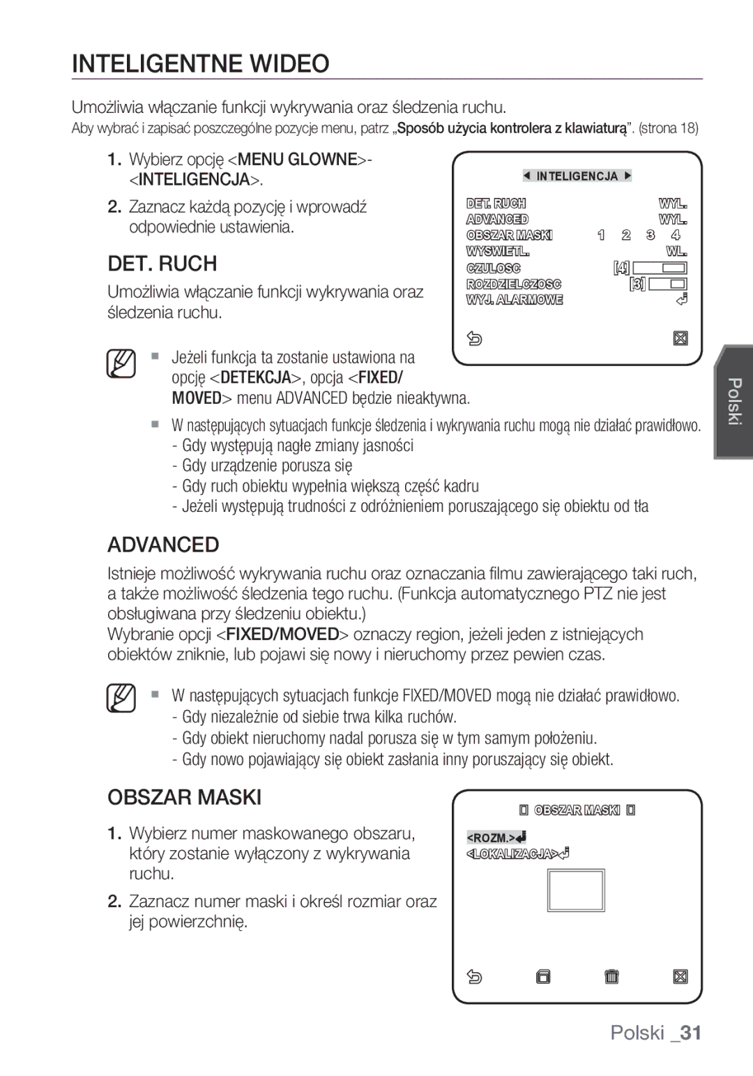 Samsung SCC-C6453P manual Inteligentne Wideo, DET. Ruch, Obszar Maski, Wybierz opcję Menu GLOWNE- Inteligencja 