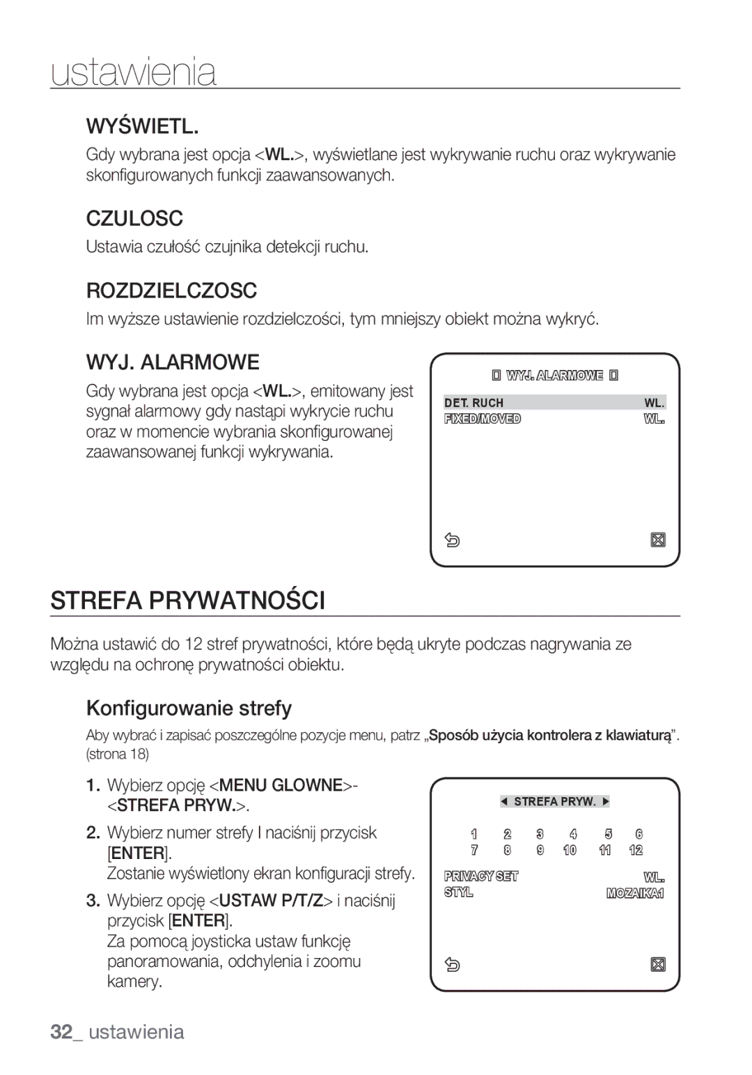 Samsung SCC-C6453P manual Strefa Prywatności, Wyświetl, Rozdzielczosc, WYJ. Alarmowe, Konfigurowanie strefy 