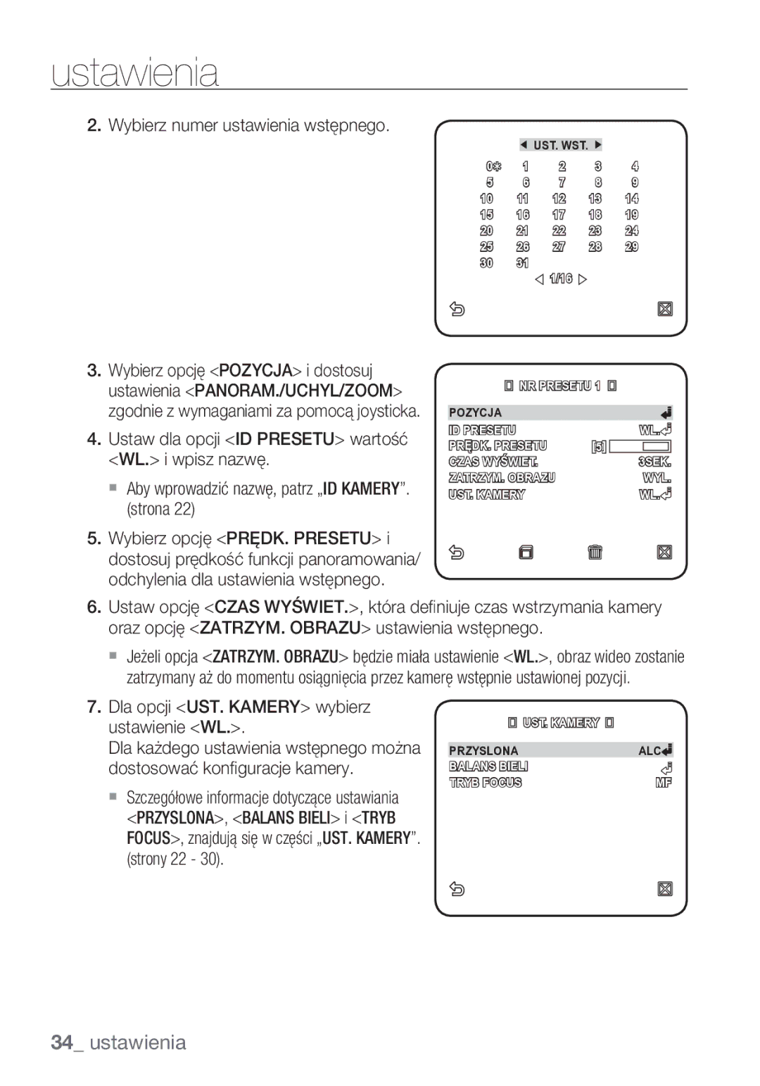 Samsung SCC-C6453P manual Wybierz numer ustawienia wstępnego, Dla opcji UST. Kamery wybierz ustawienie WL 