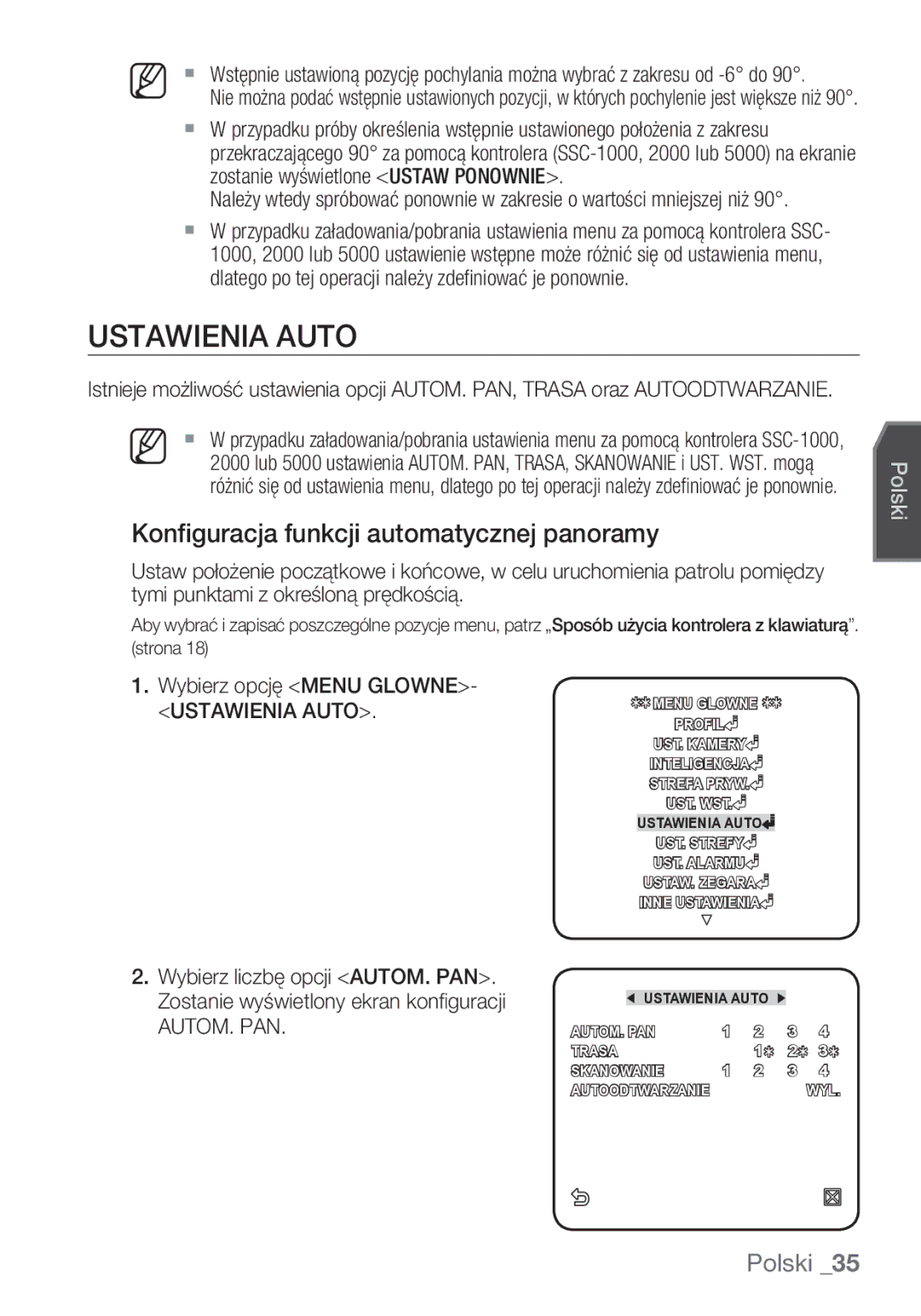 Samsung SCC-C6453P manual Ustawienia Auto, Konfiguracja funkcji automatycznej panoramy, Zostanie wyświetlone Ustaw Ponownie 