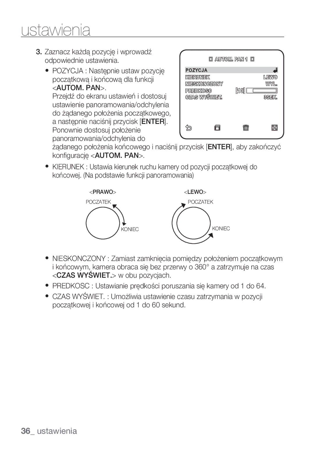 Samsung SCC-C6453P manual Pozycja Następnie ustaw pozycję, Początkową i końcową dla funkcji, Autom. Pan 