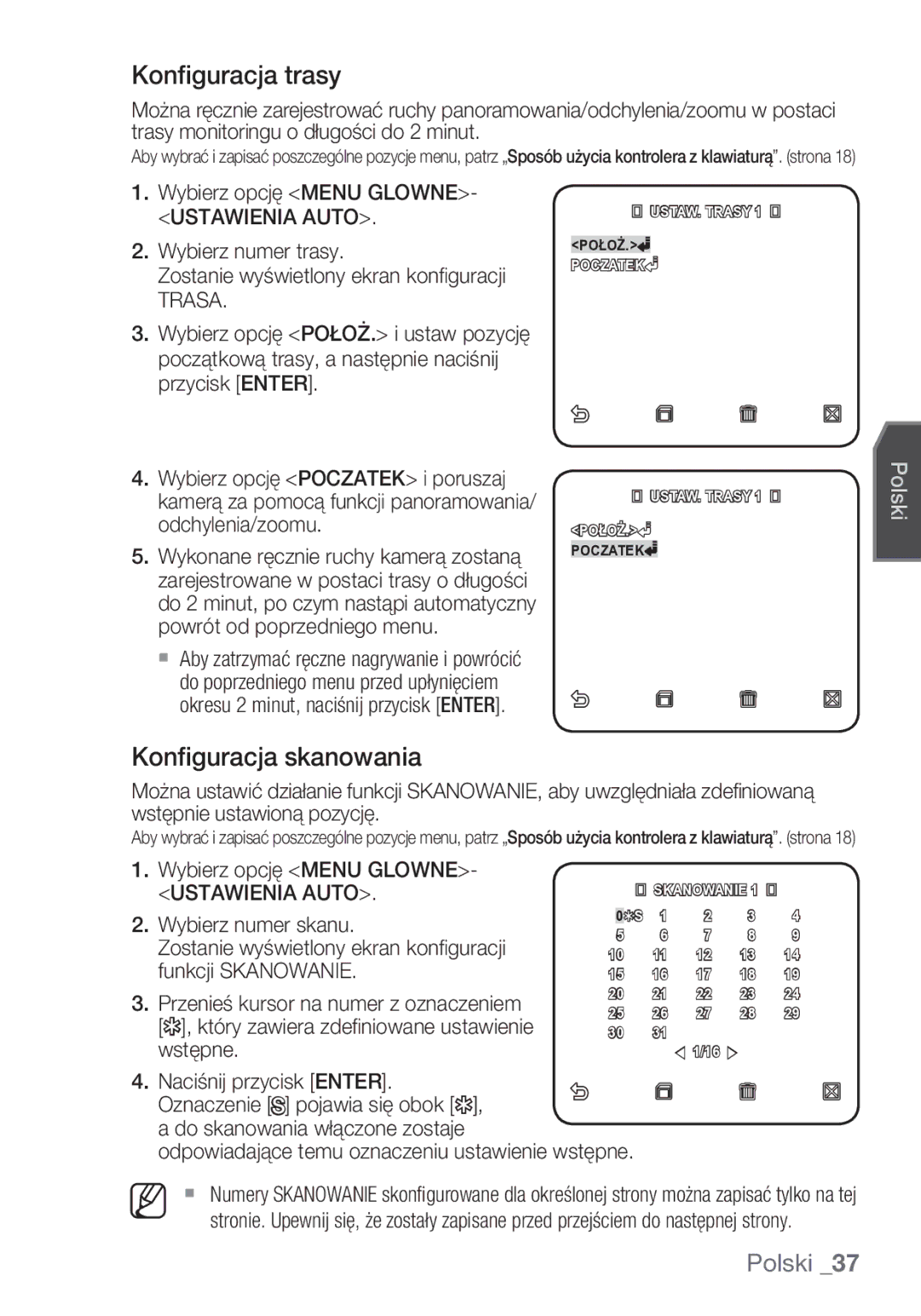 Samsung SCC-C6453P manual Konfiguracja trasy, Konfiguracja skanowania, Ustawienia Auto, Trasa 