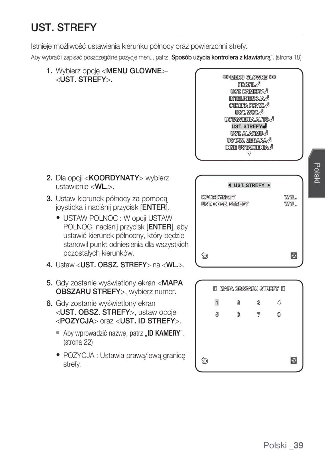 Samsung SCC-C6453P manual Wybierz opcję Menu GLOWNE- UST. Strefy, Dla opcji Koordynaty wybierz ustawienie WL 