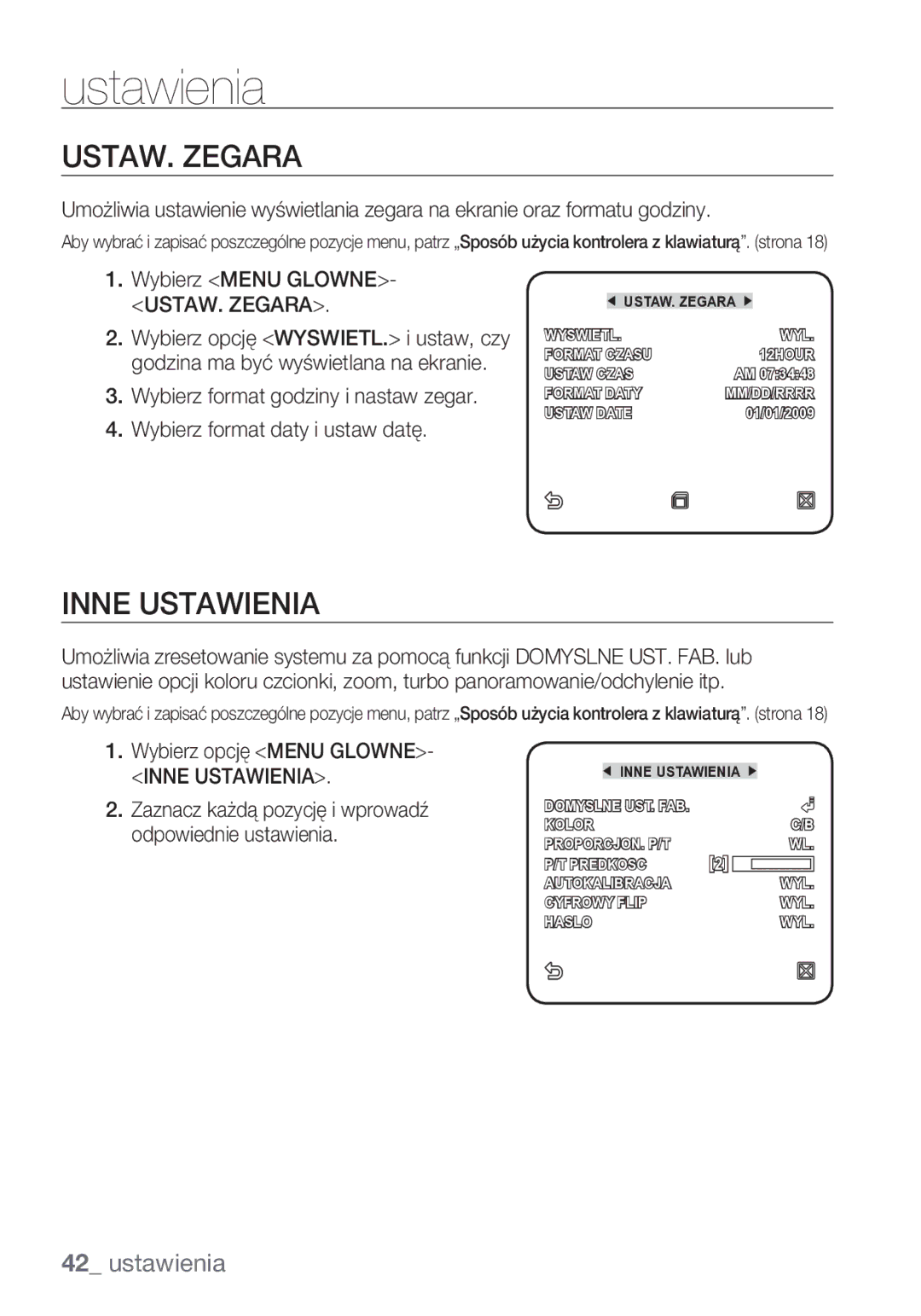 Samsung SCC-C6453P manual USTAW. Zegara, Inne Ustawienia 