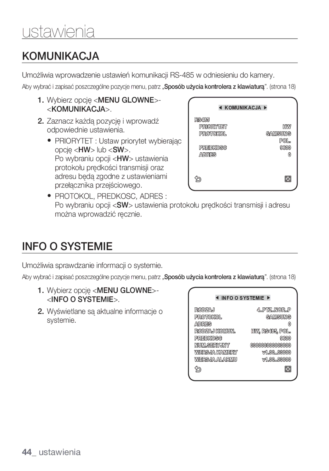 Samsung SCC-C6453P manual Komunikacja, Info O Systemie 