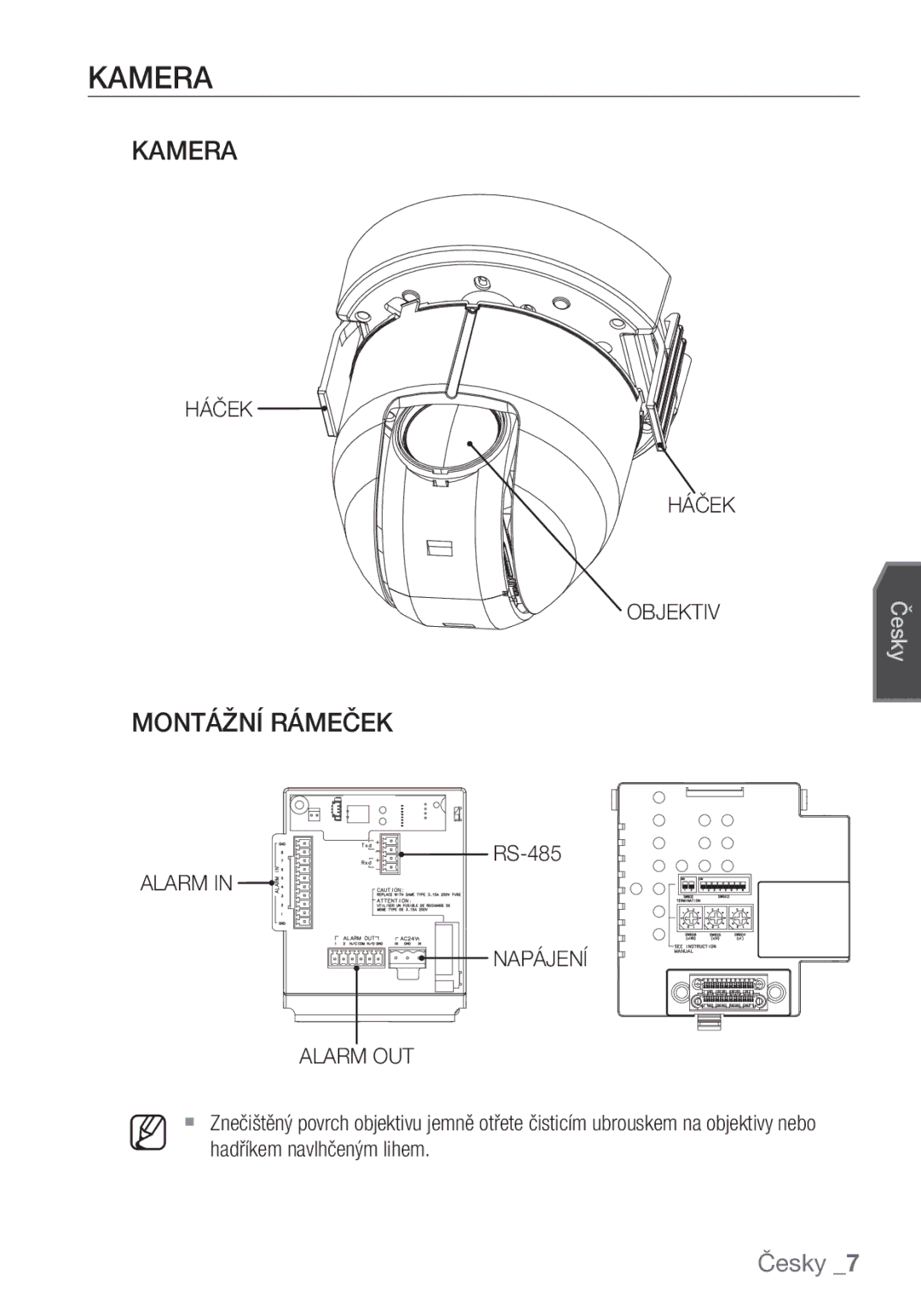 Samsung SCC-C6453P manual Kamera, Montážní Rámeček, Háček Objektiv, Alarm Napájení Alarm OUT 