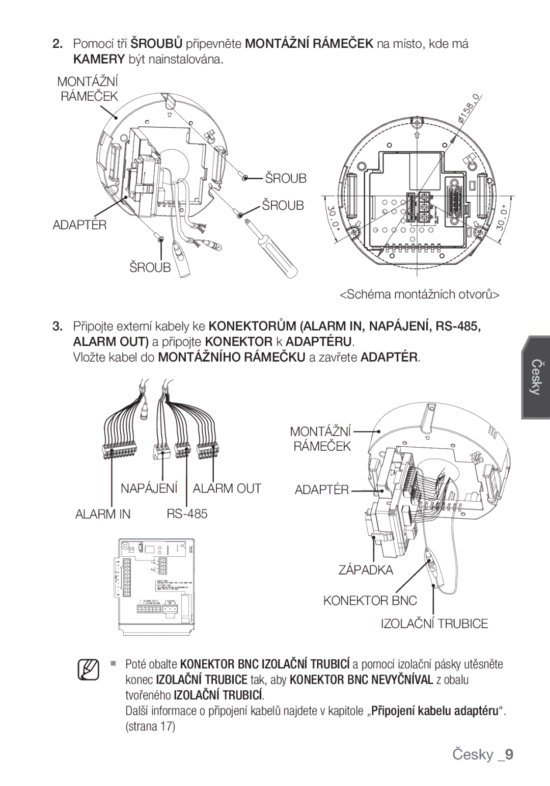 Samsung SCC-C6453P manual Montážní Rámeček Šroub Adaptér, Napájení Alarm OUT, Západka Konektor BNC Izolační Trubice 