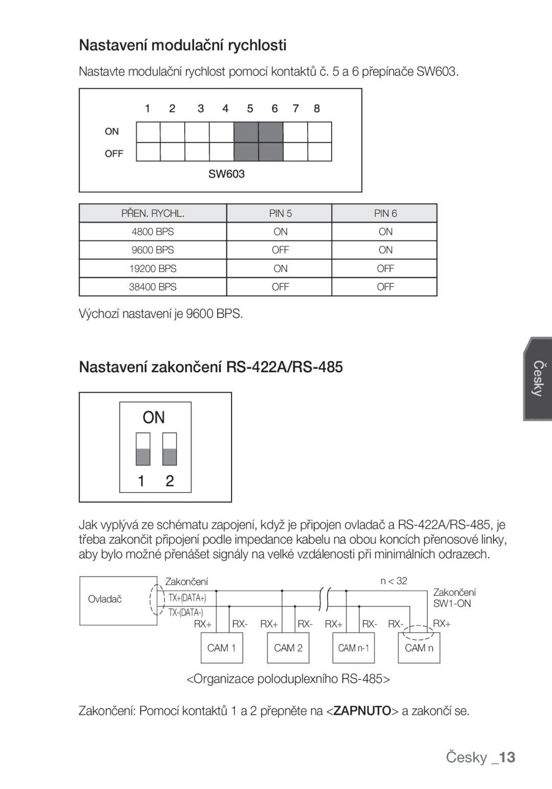 Samsung SCC-C6453P manual Nastavení modulační rychlosti, Nastavení zakončení RS-422A/RS-485, Výchozí nastavení je 9600 BPS 