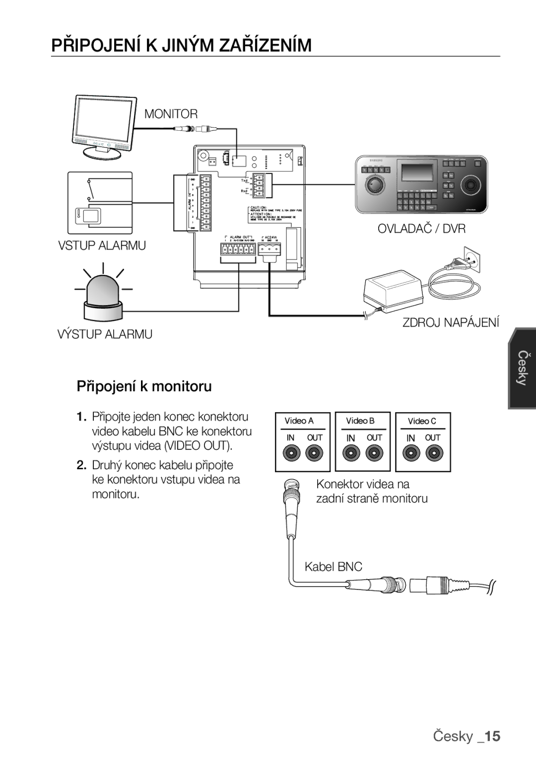 Samsung SCC-C6453P manual Připojení K Jiným Zařízením, Připojení k monitoru, Monitor Vstup Alarmu Výstup Alarmu 