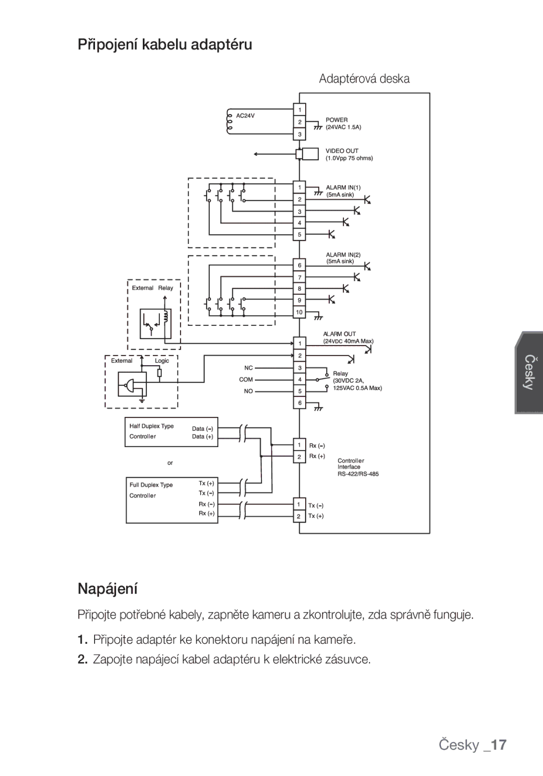 Samsung SCC-C6453P manual Připojení kabelu adaptéru, Napájení, Adaptérová deska 