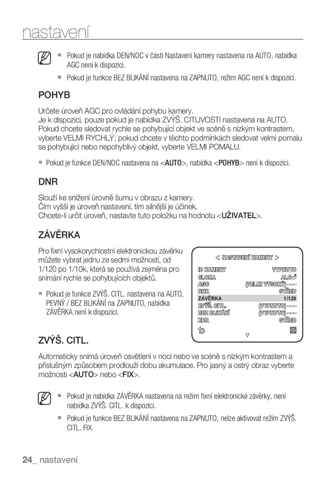 Samsung SCC-C6453P manual Pohyb, Závěrka, ZVÝŠ. Citl, Určete úroveň AGC pro ovládání pohybu kamery 