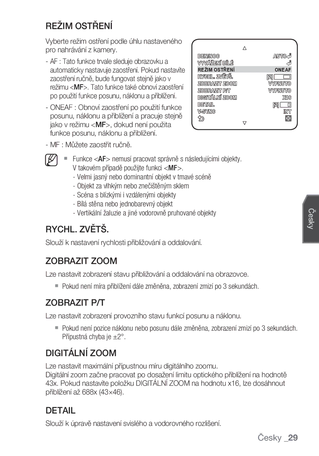 Samsung SCC-C6453P manual Režim Ostření, RYCHL. Zvětš, Zobrazit Zoom, Zobrazit P/T, Digitální Zoom 