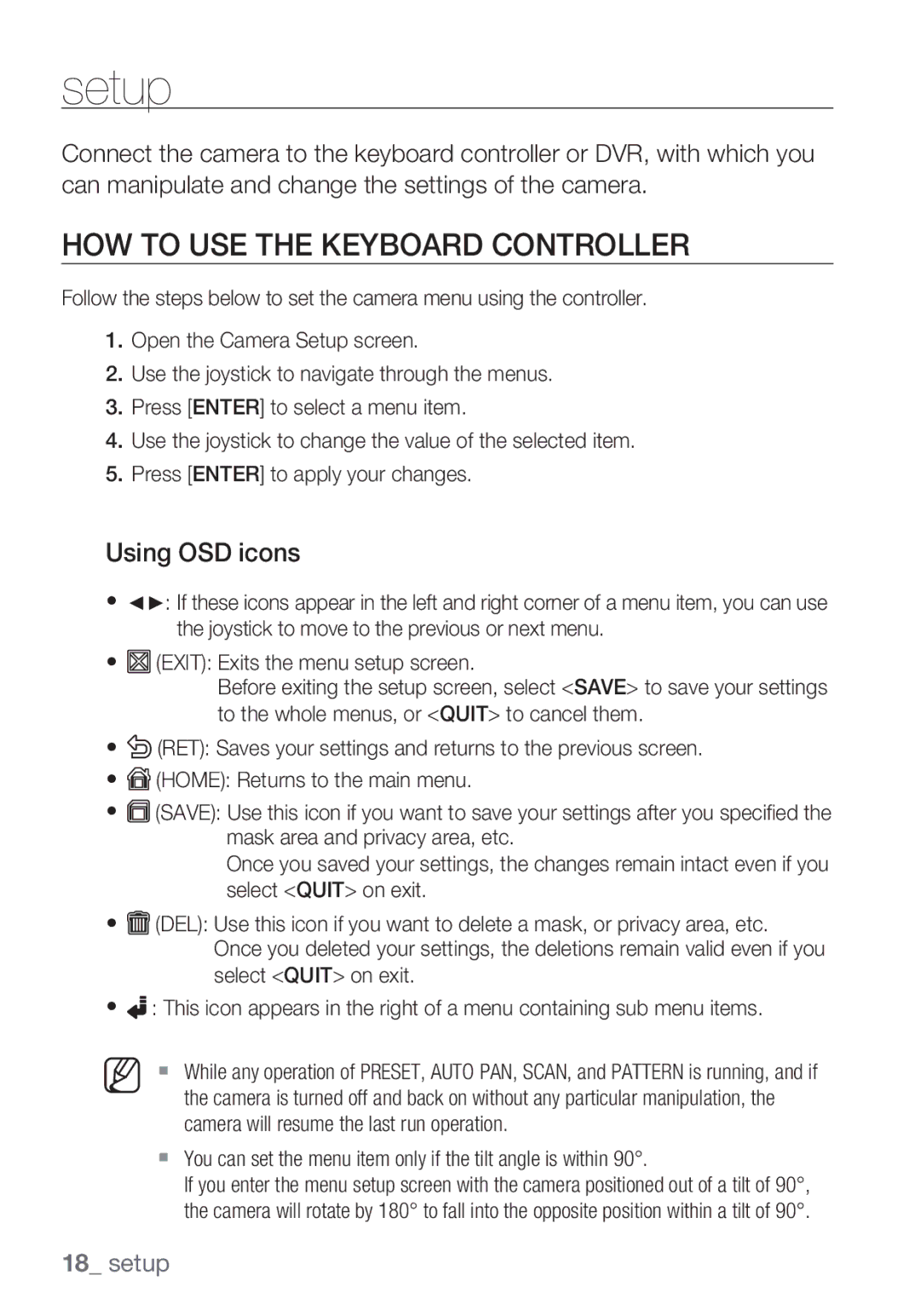 Samsung SCC-C6453P manual Setup, HOW to USE the Keyboard Controller, Using OSD icons 