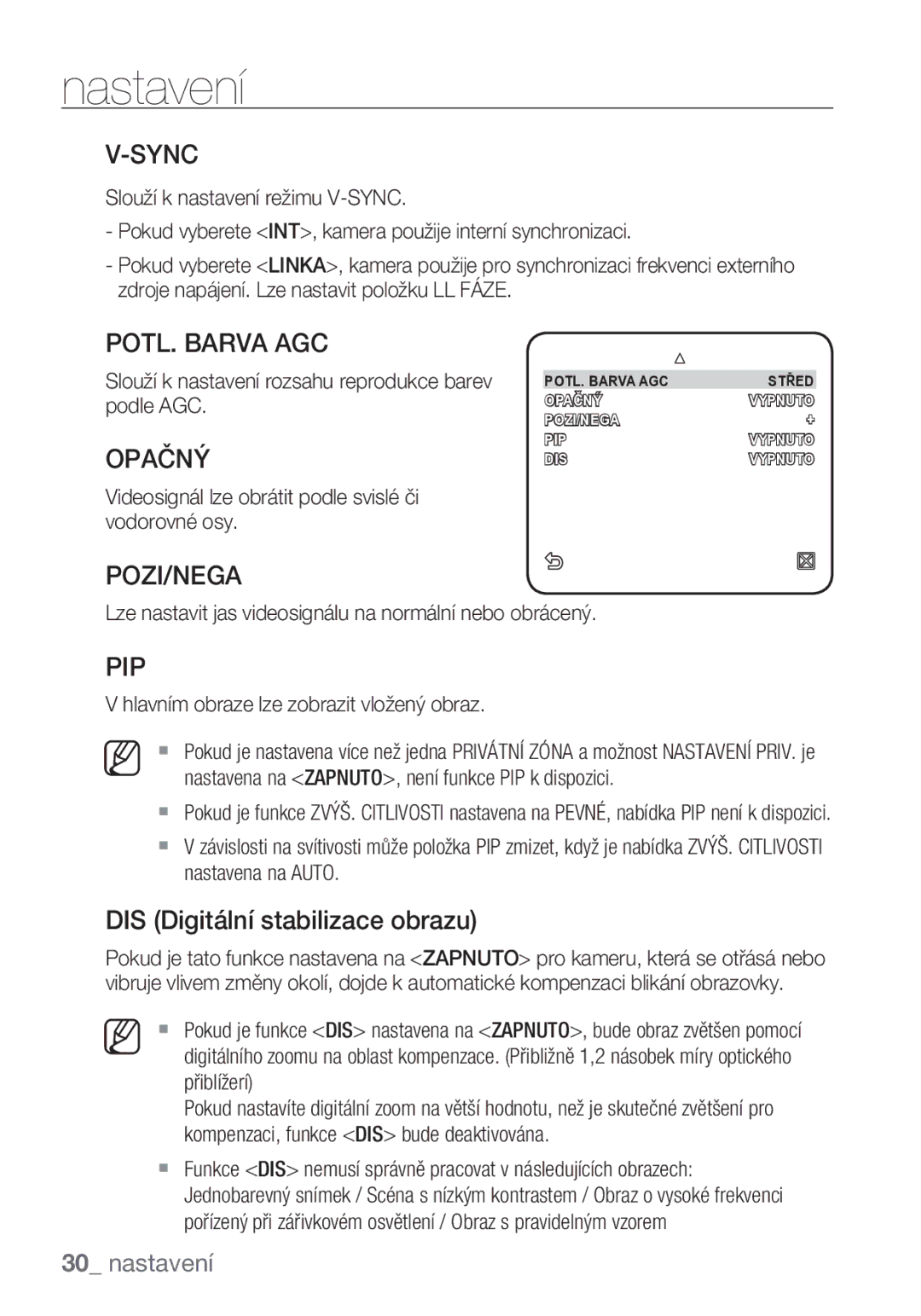 Samsung SCC-C6453P manual POTL. Barva AGC, Opačný, Pozi/Nega, DIS Digitální stabilizace obrazu 