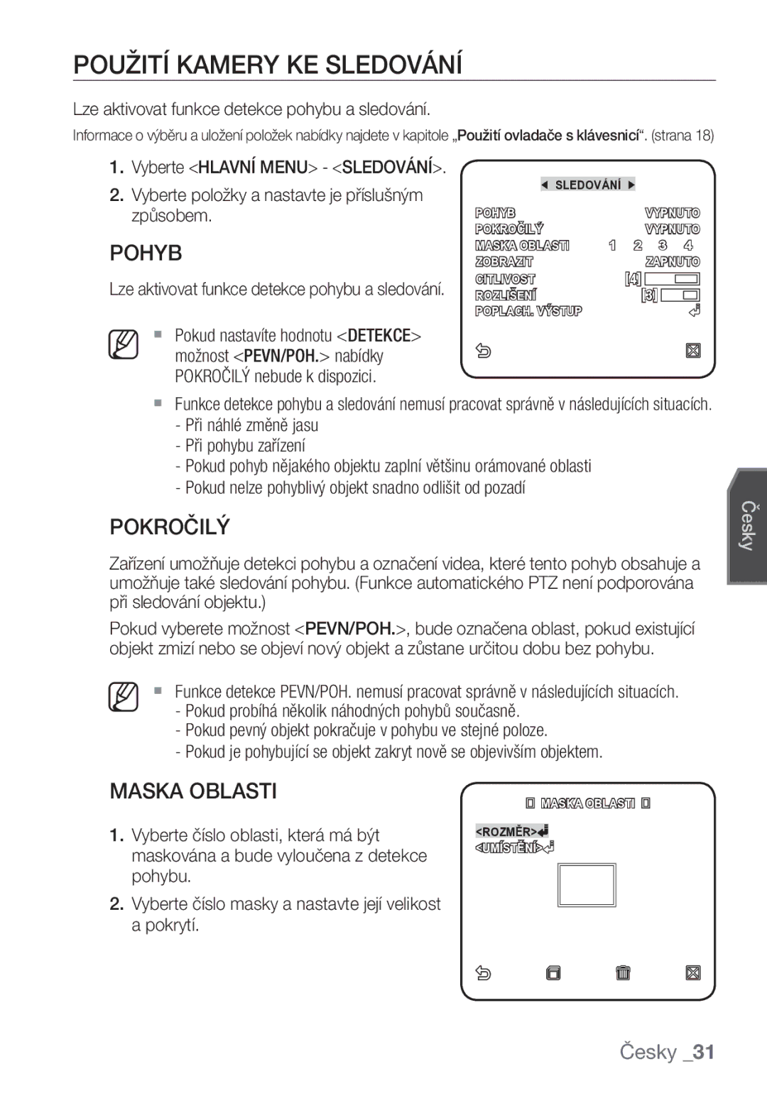 Samsung SCC-C6453P manual Použití Kamery KE Sledování, Pokročilý, Maska Oblasti 