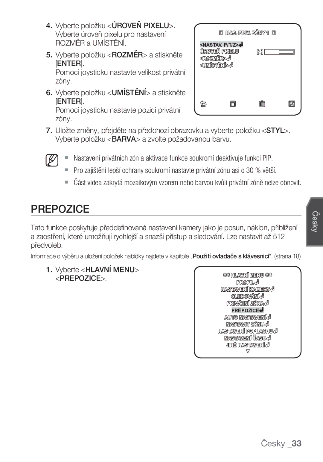 Samsung SCC-C6453P manual Prepozice, Vyberte Hlavní Menu 