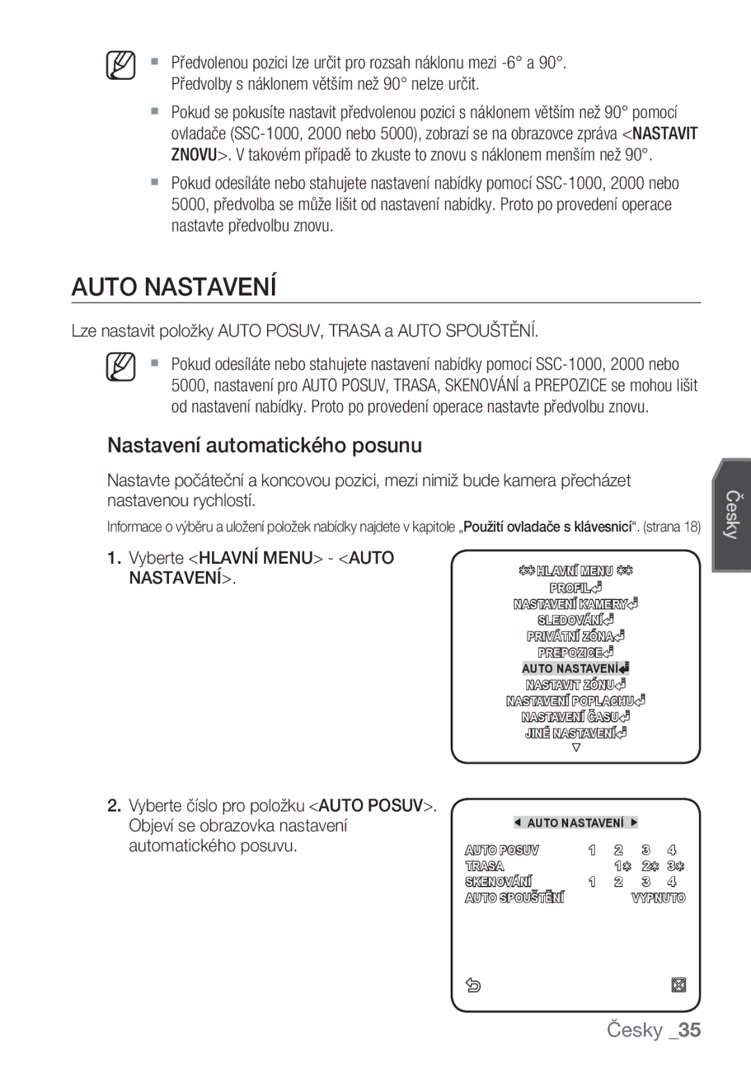 Samsung SCC-C6453P Auto Nastavení, Nastavení automatického posunu, Lze nastavit položky Auto POSUV, Trasa a Auto Spouštění 