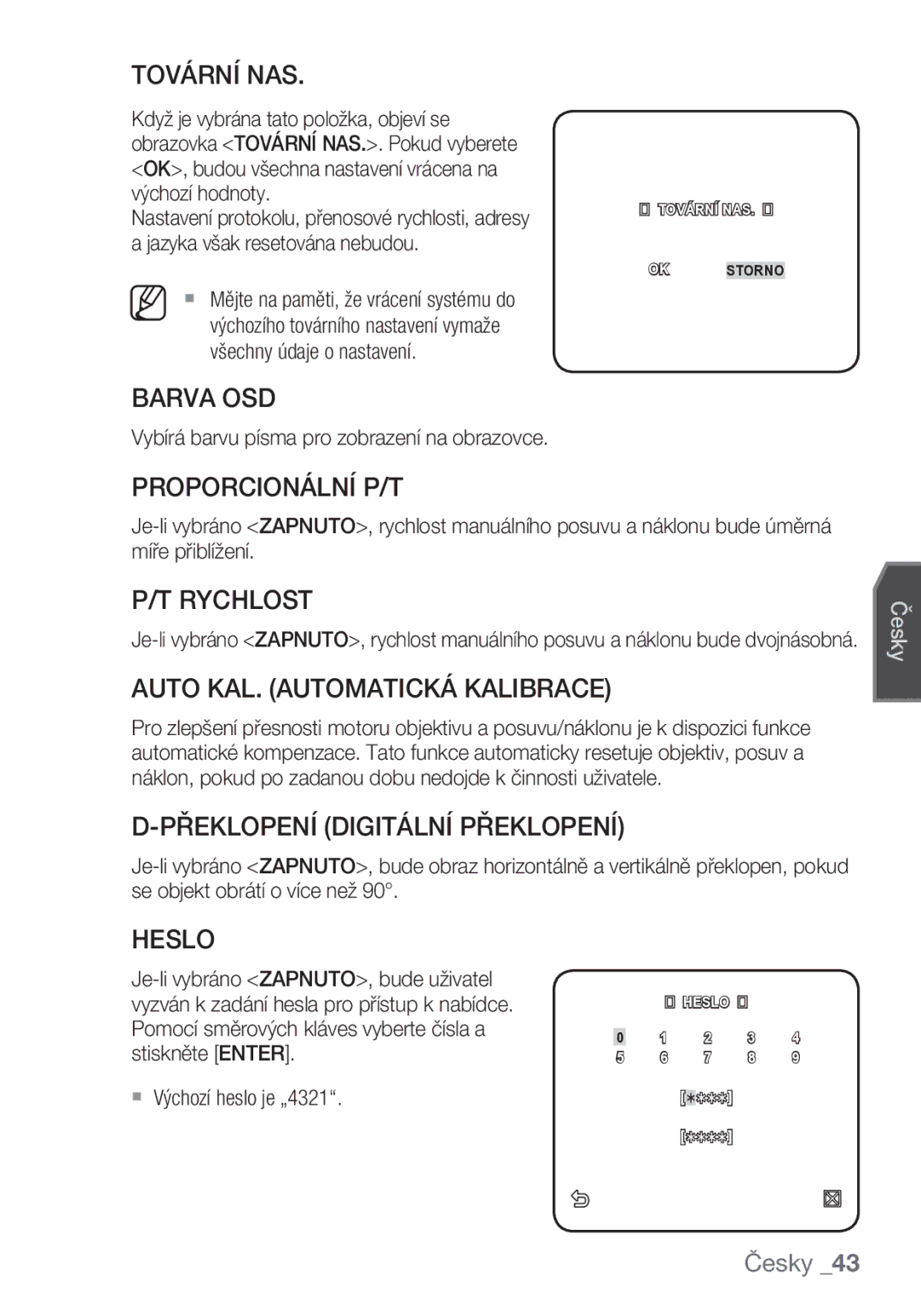 Samsung SCC-C6453P manual Tovární NAS, Barva OSD, Proporcionální P/T, Rychlost, Auto KAL. Automatická Kalibrace, Heslo 