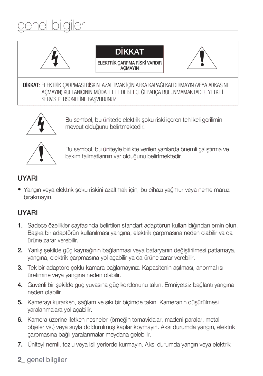 Samsung SCC-C6453P manual Genel bilgiler, Uyari 