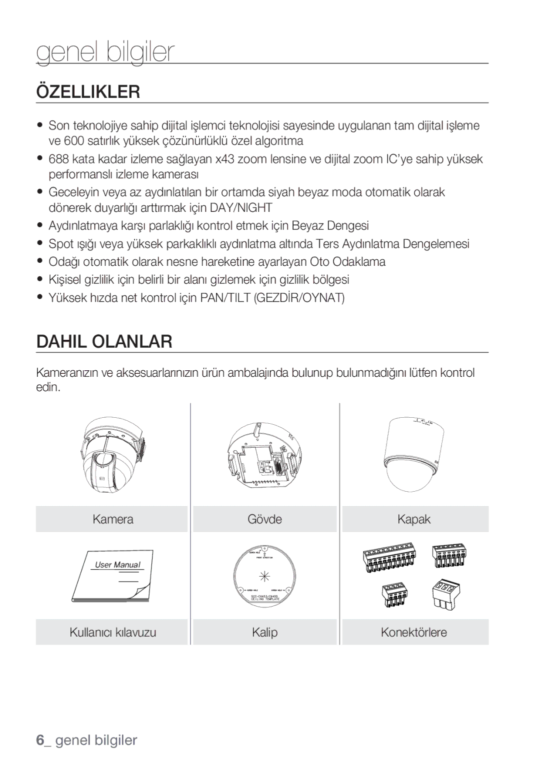 Samsung SCC-C6453P manual Özellikler, Dahil Olanlar 