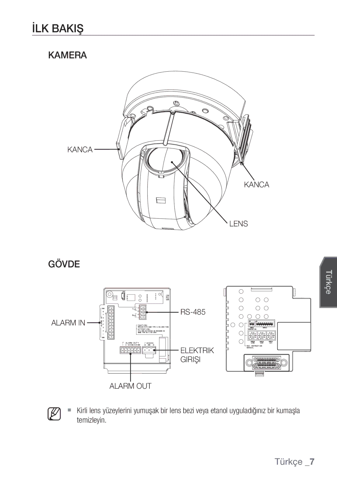 Samsung SCC-C6453P manual İLK Bakiş, Gövde, Kanca Lens, Alarm Elektrik Girişi Alarm OUT 