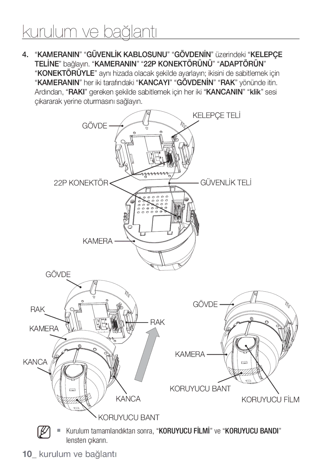 Samsung SCC-C6453P manual Kelepçe Telİ Gövde 22P Konektör, Kamera Gövde RAK Kanca Koruyucu Bant 