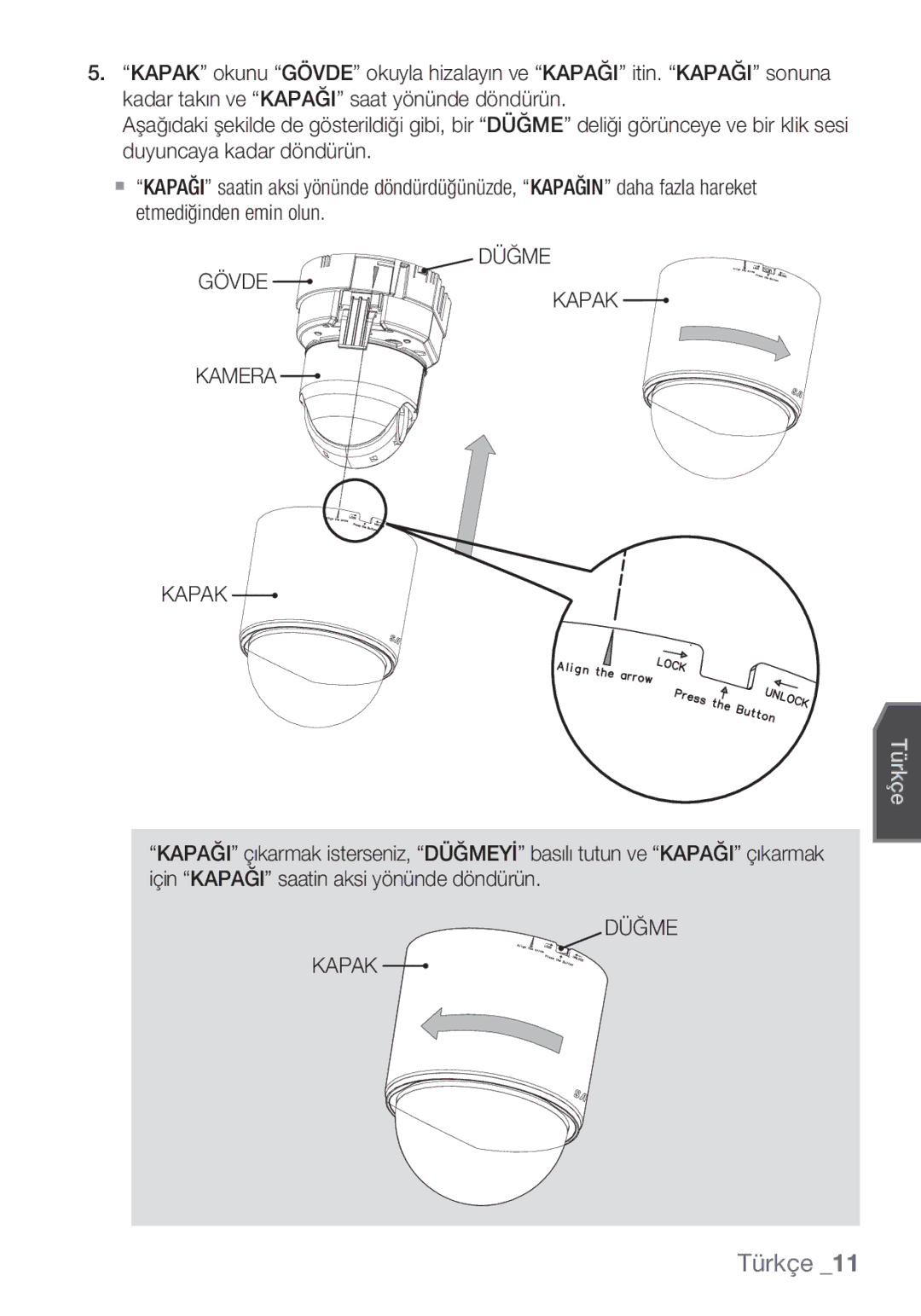 Samsung SCC-C6453P manual Düğme Gövde Kapak Kamera, Düğme Kapak 