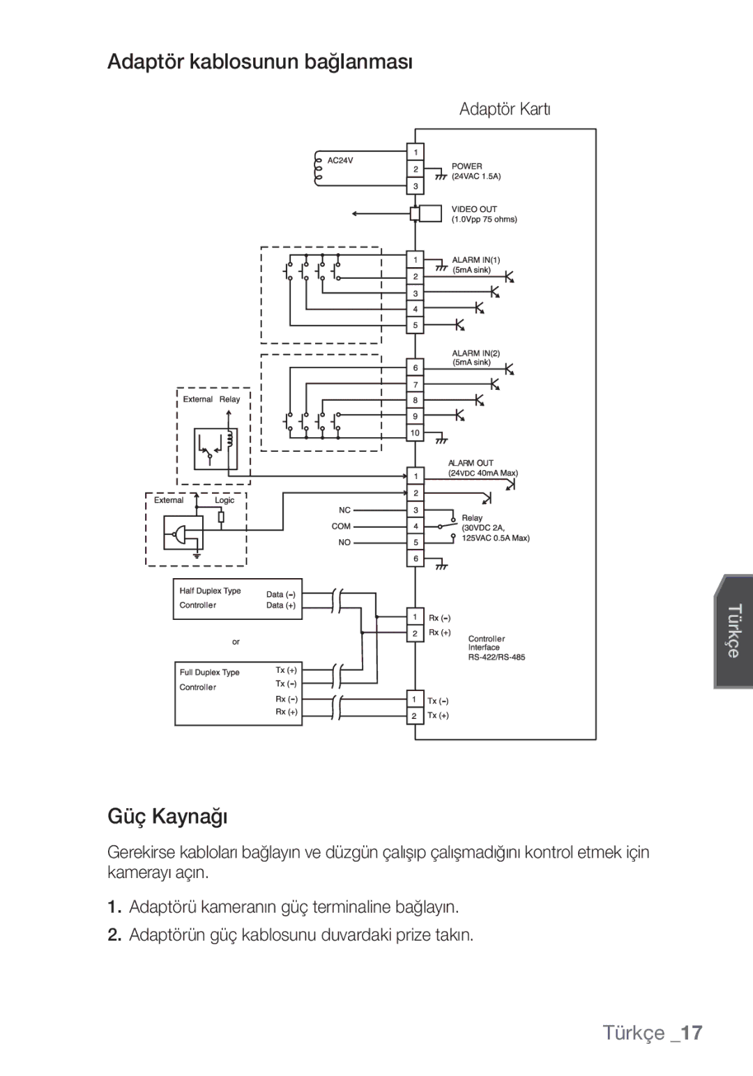 Samsung SCC-C6453P manual Adaptör kablosunun bağlanması, Güç Kaynağı, Adaptör Kartı 