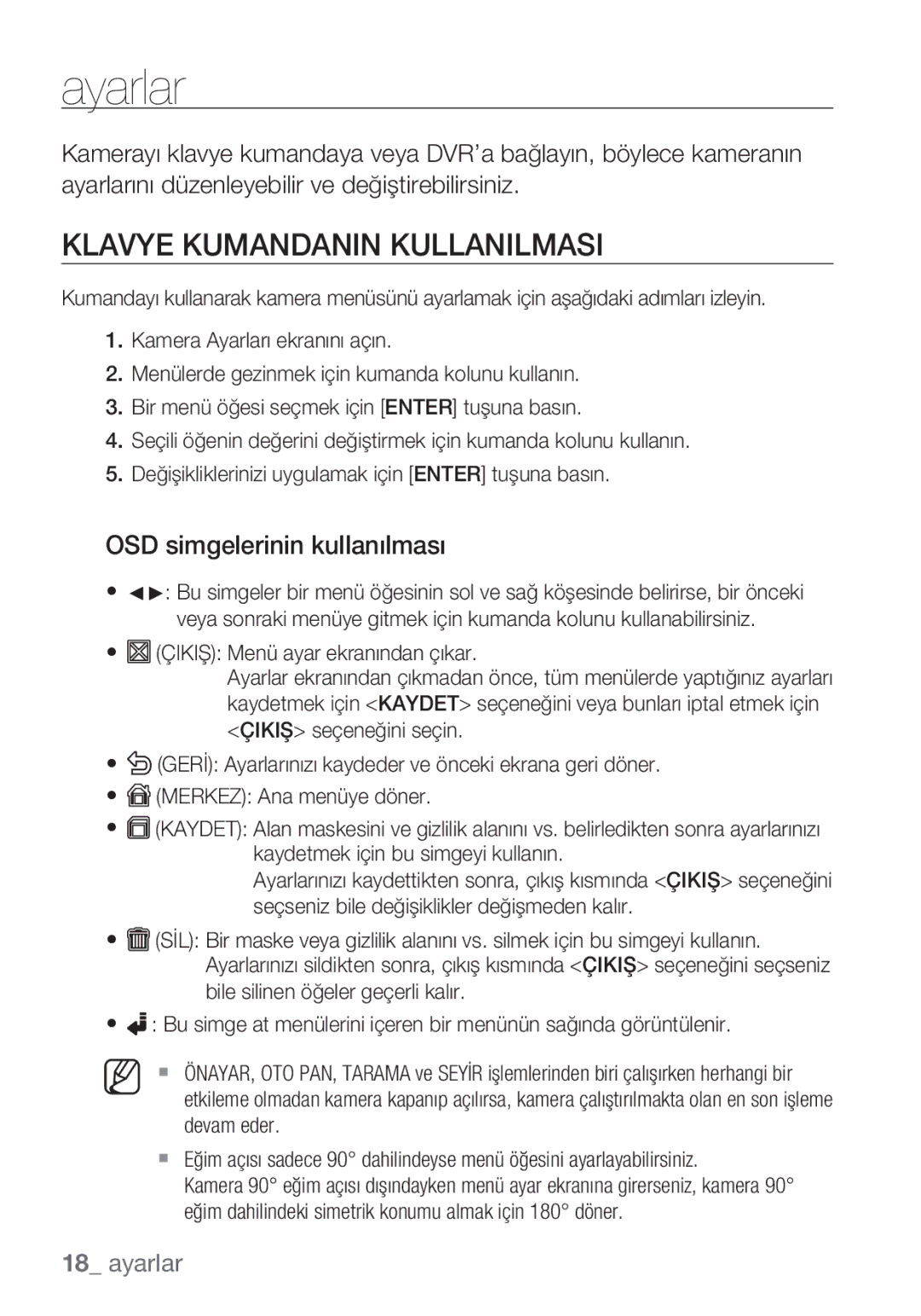 Samsung SCC-C6453P manual Ayarlar, Klavye Kumandanin Kullanilmasi, OSD simgelerinin kullanılması 