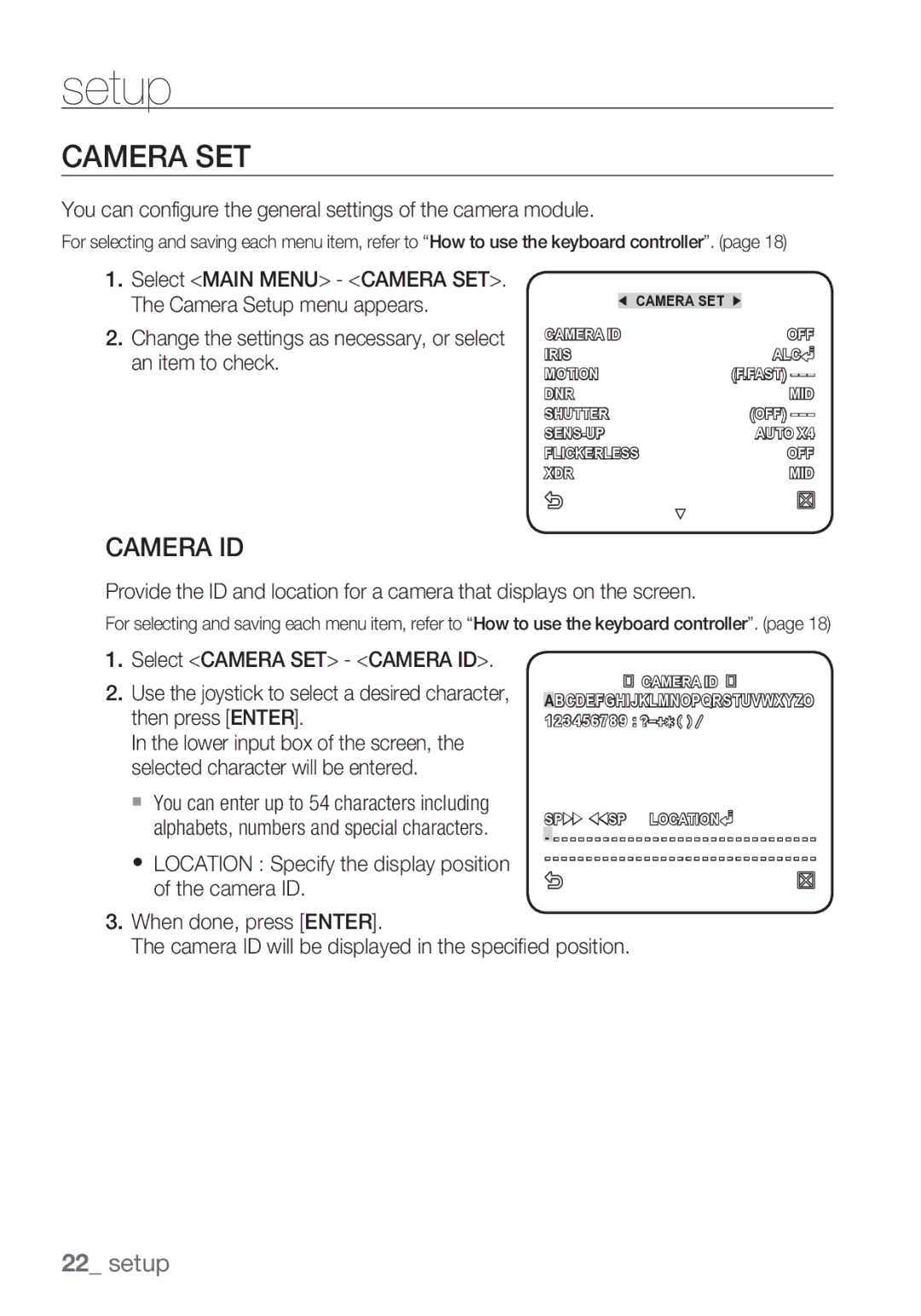 Samsung SCC-C6453P manual Camera SET, Camera ID, You can configure the general settings of the camera module 