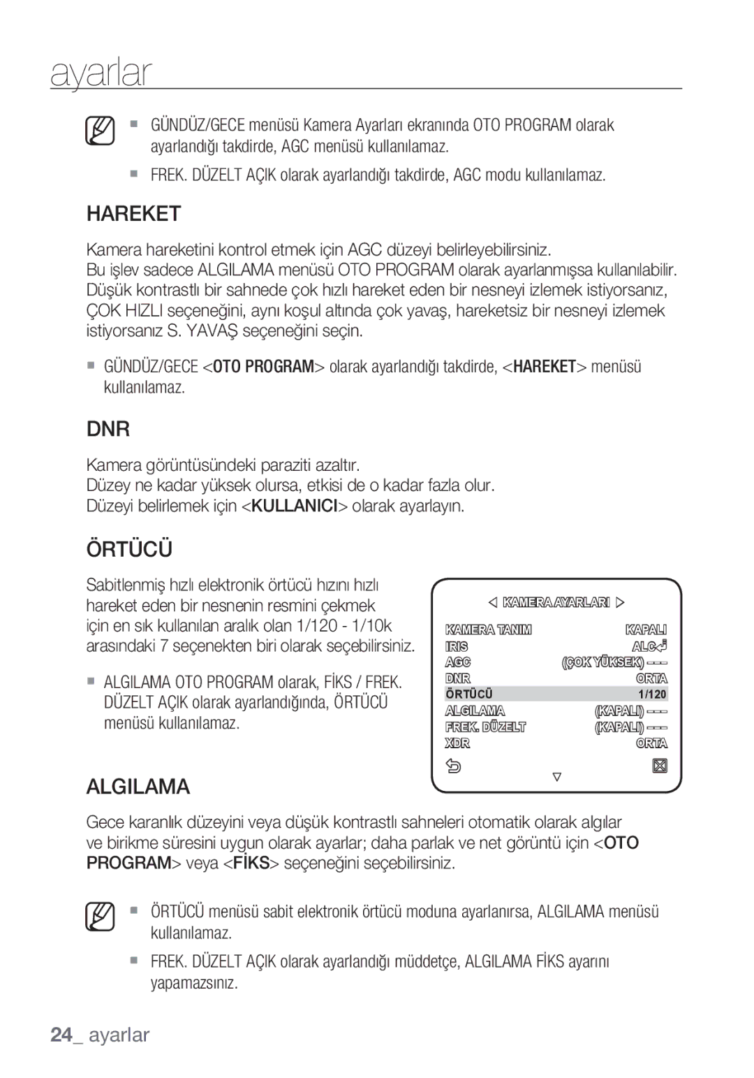 Samsung SCC-C6453P manual Hareket, Örtücü, Algilama 