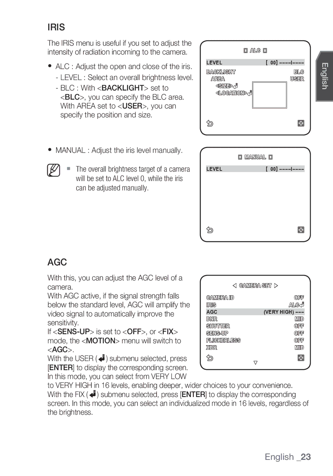 Samsung SCC-C6453P Iris, Agc, BLC With Backlight set to, Manual Adjust the iris level manually 