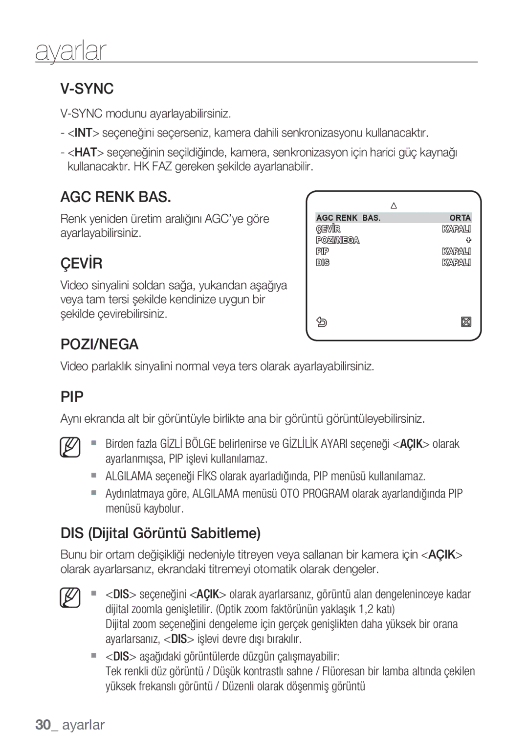 Samsung SCC-C6453P manual AGC Renk BAS, Çevİr, DIS Dijital Görüntü Sabitleme 