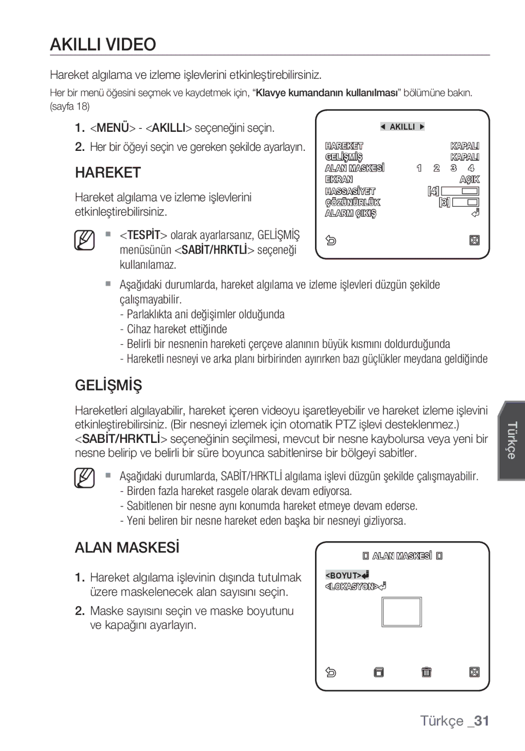 Samsung SCC-C6453P manual Akilli Video, Gelİşmİş, Alan Maskesİ, Menü Akilli seçeneğini seçin 